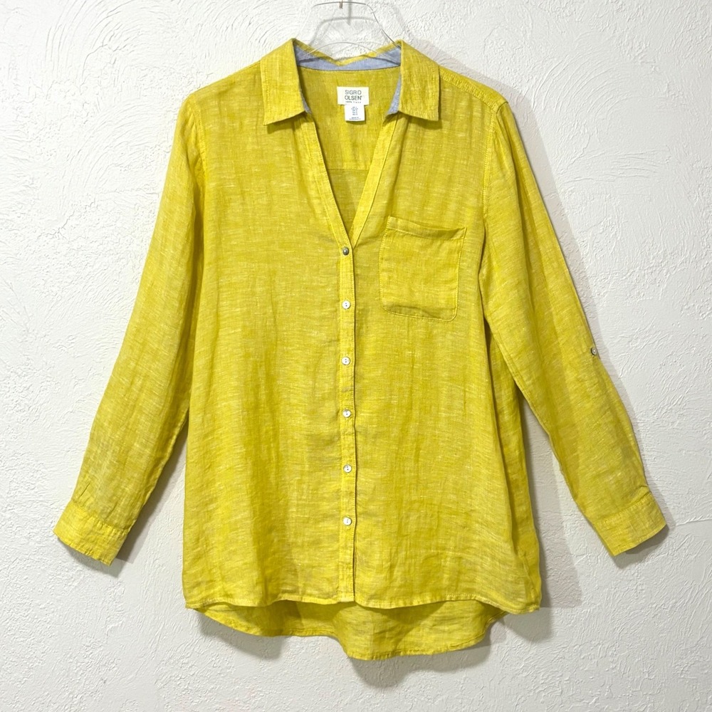 Sigrid Olsen Linen Button Down Women Size S Yellow Roll Tab Sleeve Shirt